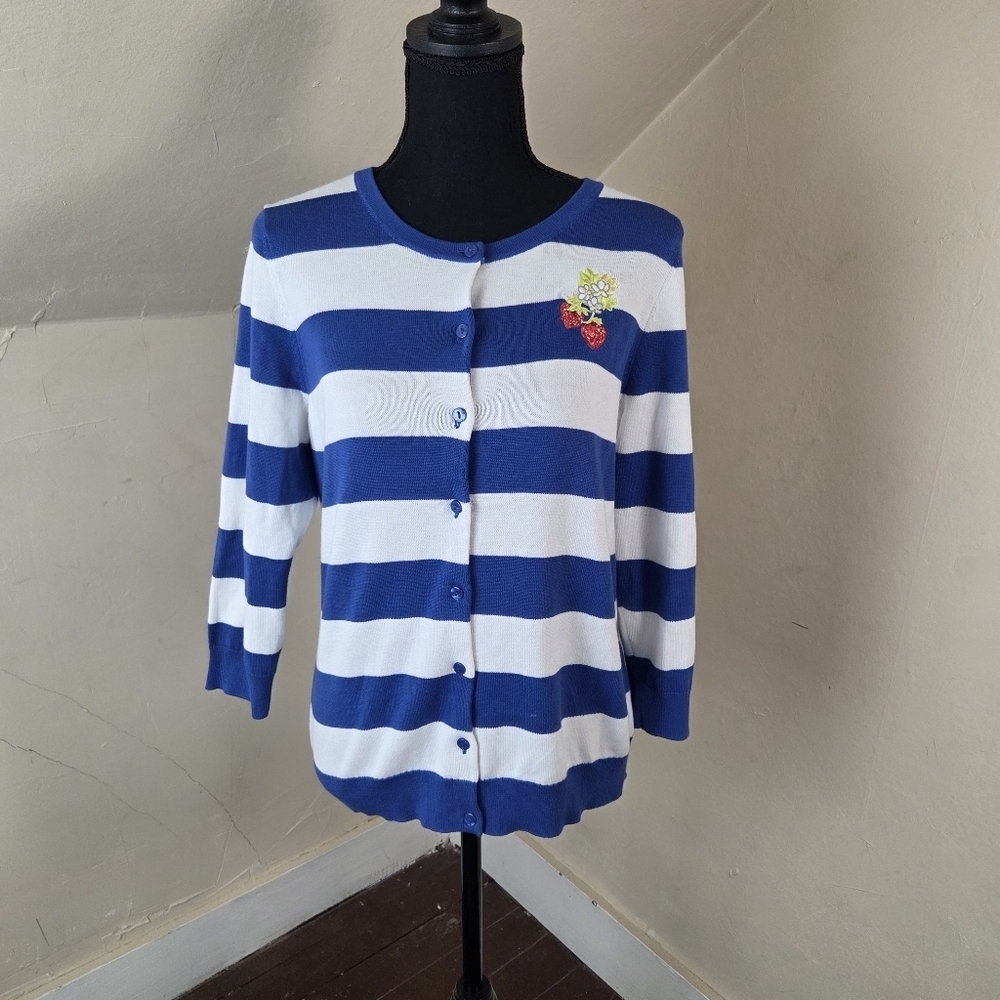 Talbots Blue White Stripe Button Down Cardigan Strawberry Embroidered Size MP